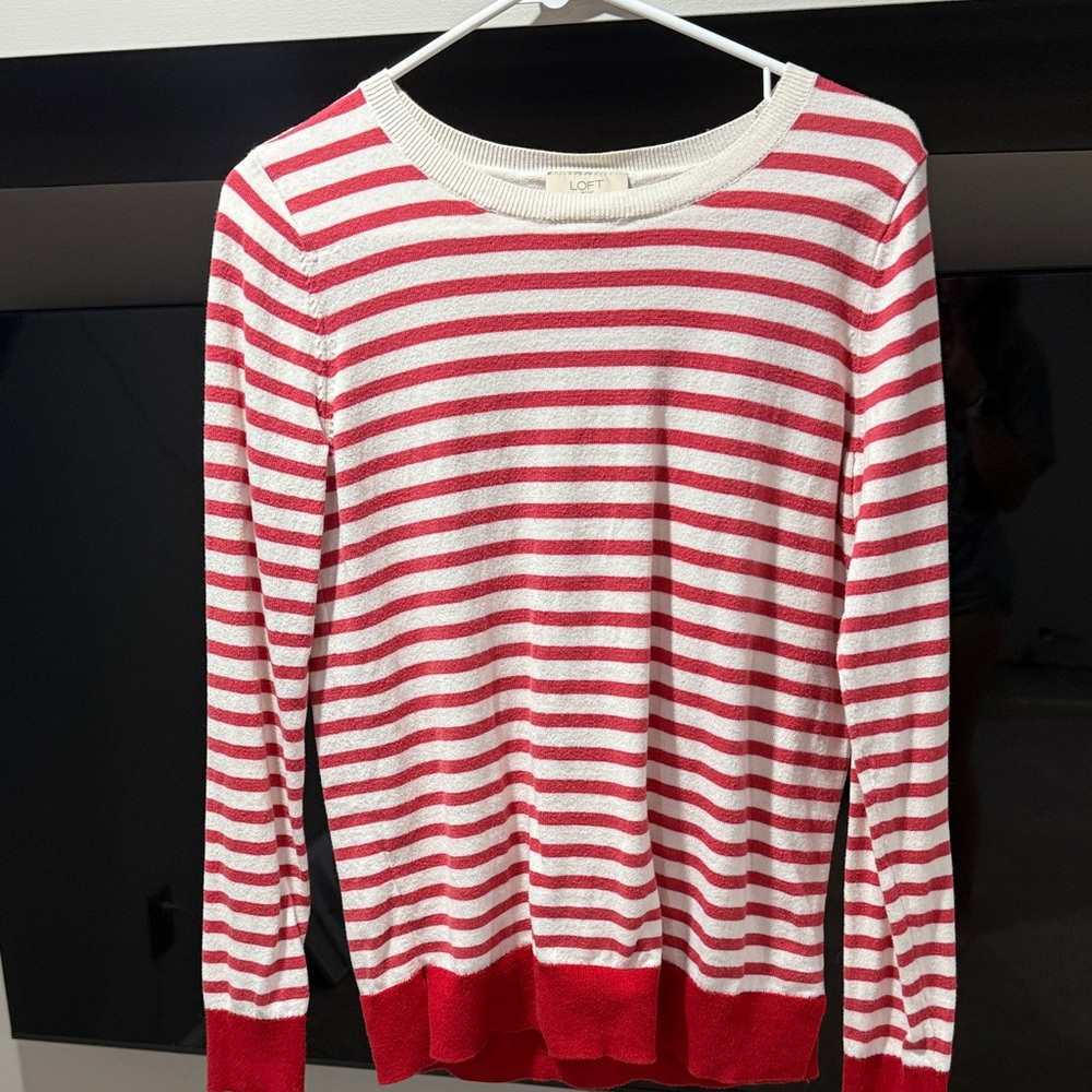 LOFT Red and White Striped Crew Neck Sweater